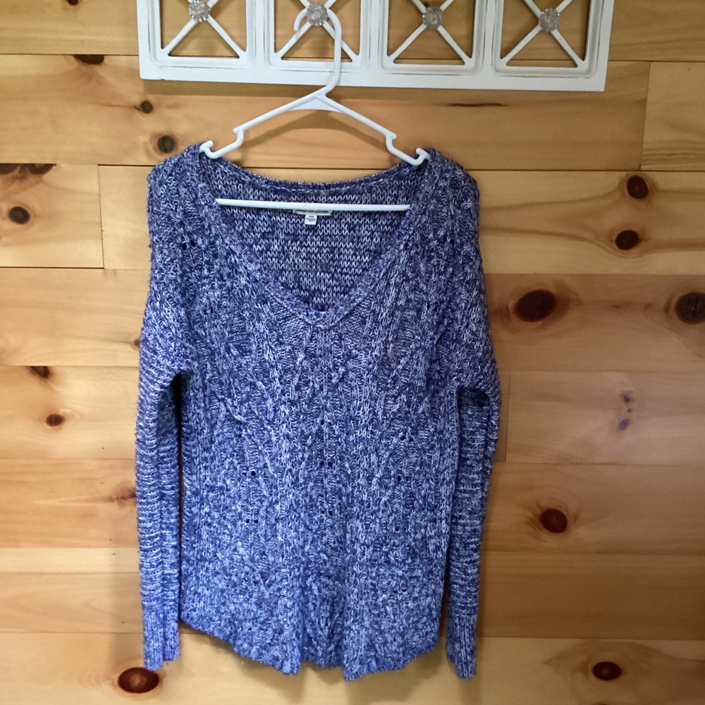 American Eagle Blue White Marled Diamond Cable Knit V-Neck Sweater Womens Medium